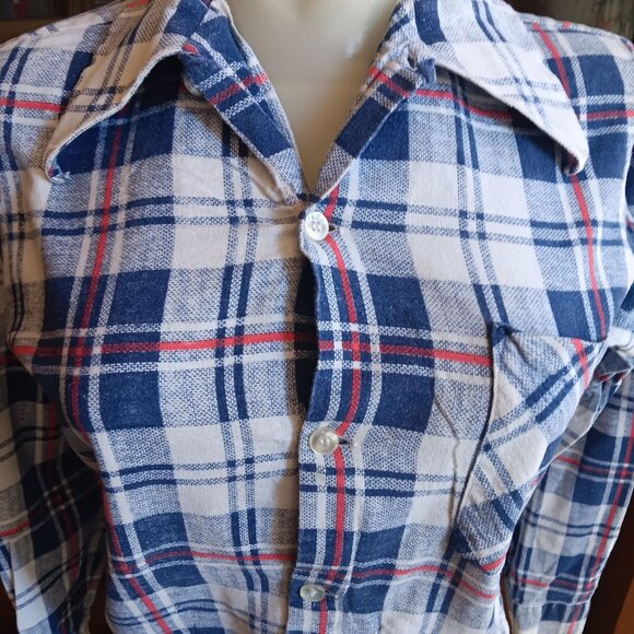 XS Vintage 70's Blue Top Plaid Buttery Flannel Button-Up Shirt Distress Repairs - Picture 2 of 9